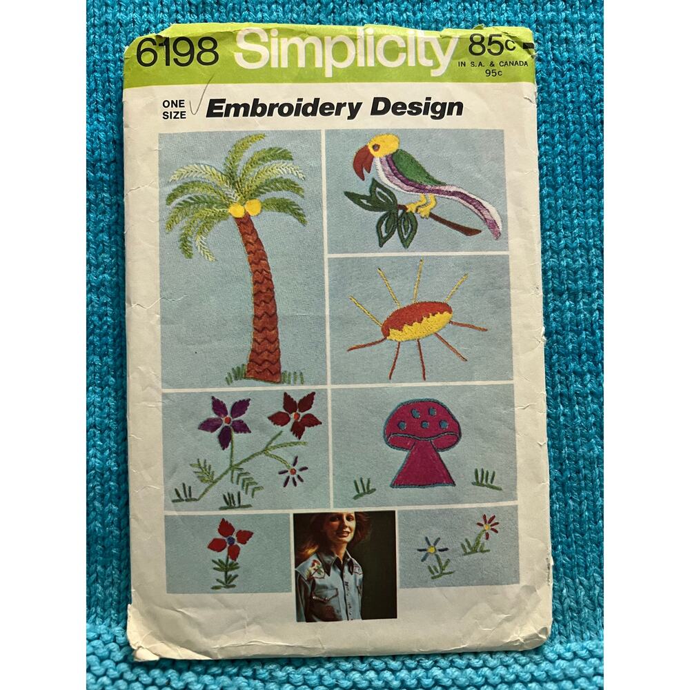 Simplicity 6198 pattern Embroidery transfer palm tree bird mushroom flowers